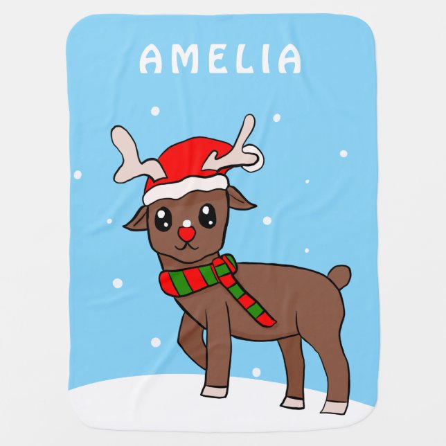 Cute Deer Drawing Snow Snowflakes Christmas Baby Blanket (Front)
