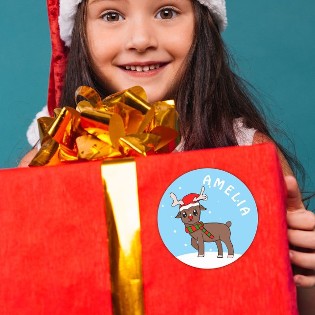 Cute Deer Drawing Snow Snowflakes Christmas  Classic Round Sticker (Creator Uploaded)