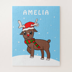 Cute Deer Drawing Snow Snowflakes Christmas Kids Jigsaw Puzzle