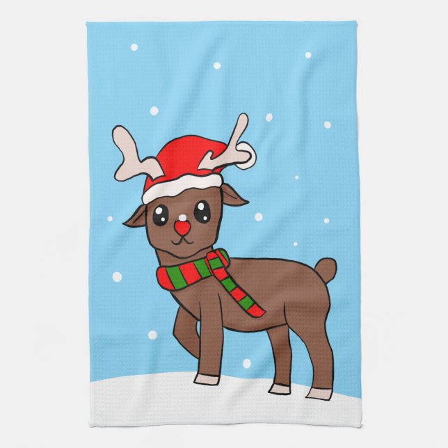 Cute Deer Drawing Snow Snowflakes Christmas  Kitchen Towel (Vertical)