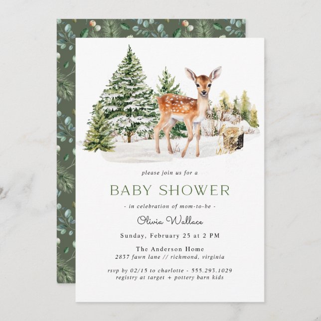 Cute Deer Fawn | Neutral Rustic Winter Baby Shower Invitation (Front/Back)