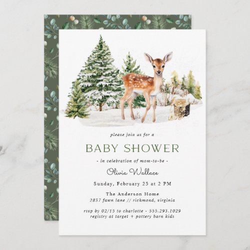 Cute Deer Fawn  Neutral Rustic Winter Baby Shower Invitation