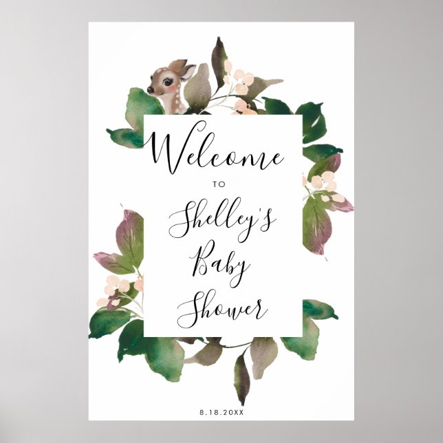 cute deer floral baby shower welcome sign (Front)