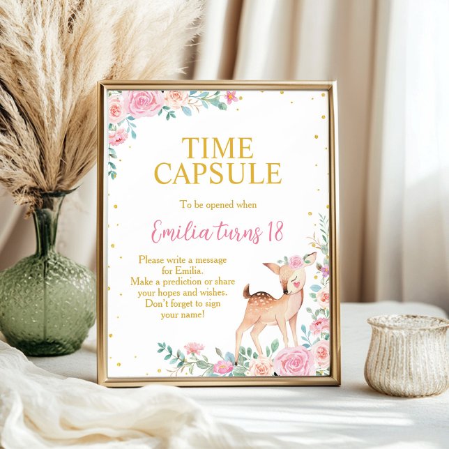Cute Deer Floral Birthday Party Time Capsule Sign (Creator Uploaded)