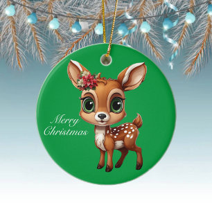 Cute Deer, Floral Fawn, Christmas Doe Green 🦌🎄 Ceramic Ornament