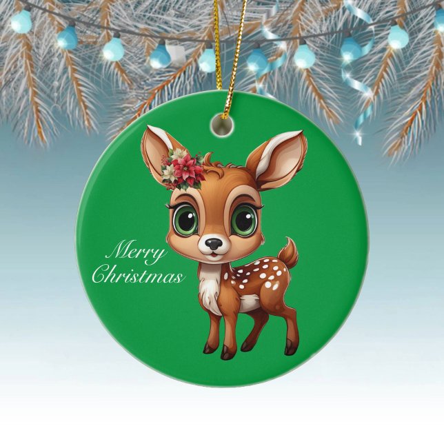 Cute Deer, Floral Fawn, Christmas Doe Green 🦌🎄 Ceramic Ornament (Baby Deer Decor, Fawn, Doe 🦌 Poinsettia ForestBabies Merry Christmas 🎄Green Round Ceramic Ornament)