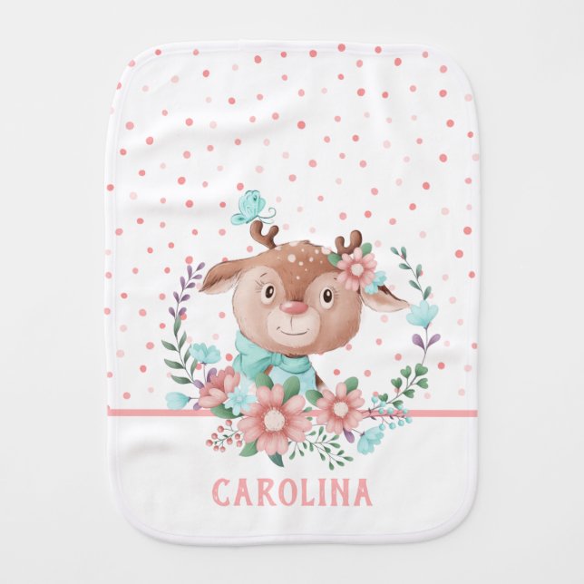 Cute Deer Floral Reversible Baby Burp Cloth (Front)