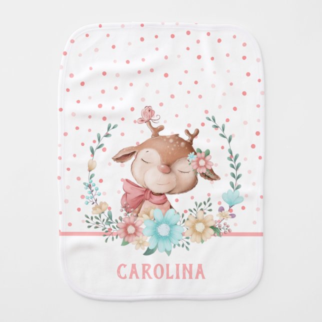 Cute Deer Floral Reversible Baby Burp Cloth (Front)