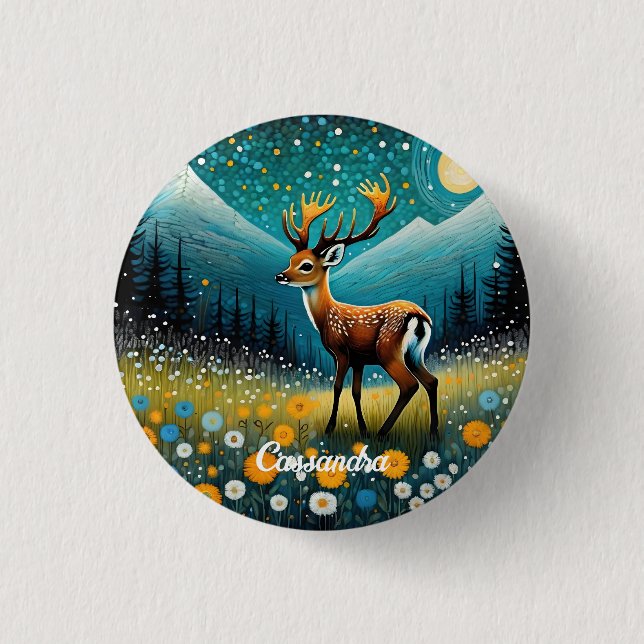 Cute Deer Flowers Meadow Fantasy Button (Front)