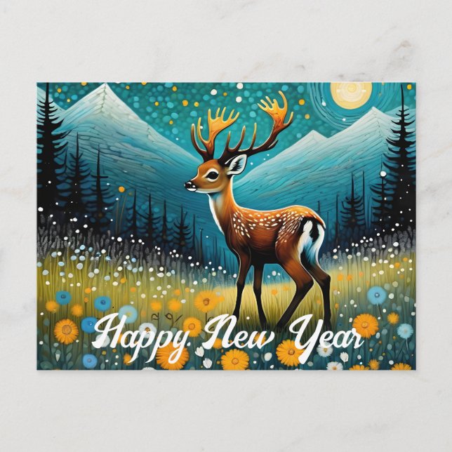 Cute Deer Flowers Meadow Fantasy Holiday Postcard (Front)