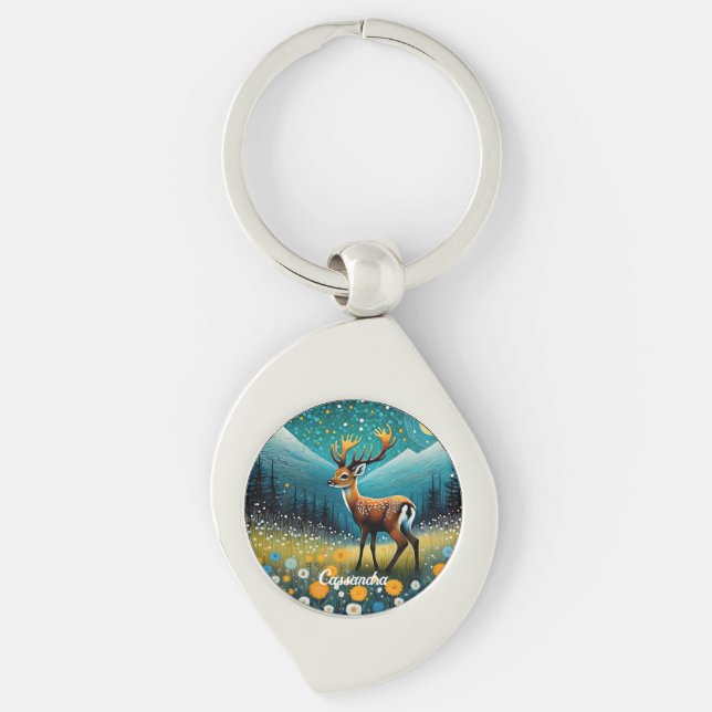 Cute Deer Flowers Meadow Fantasy Keychain (Front)