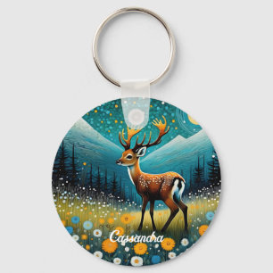 Cute Deer Flowers Meadow Fantasy Keychain