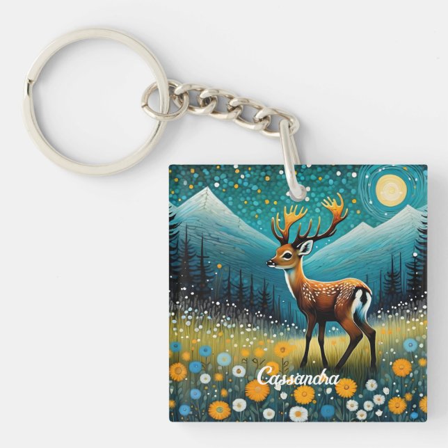 Cute Deer Flowers Meadow Fantasy Keychain (Front)