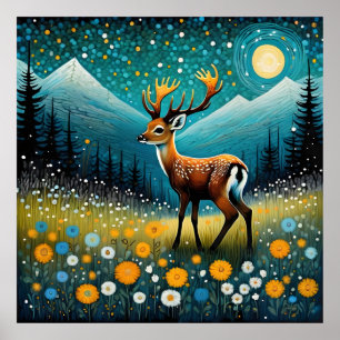 Cute Deer Flowers Meadow Fantasy Poster