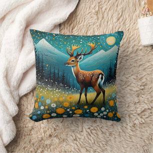 Cute Deer Flowers Meadow Fantasy Throw Pillow