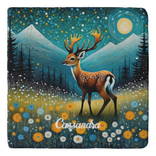 Cute Deer Flowers Meadow Fantasy Trivet