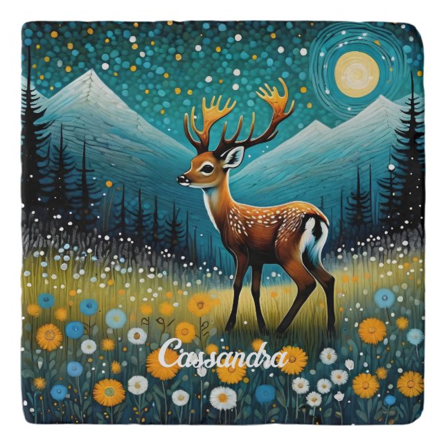 Cute Deer Flowers Meadow Fantasy Trivet (Front)