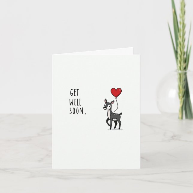 Cute Deer Get Well Soon Card with Heart Balloon (Front)