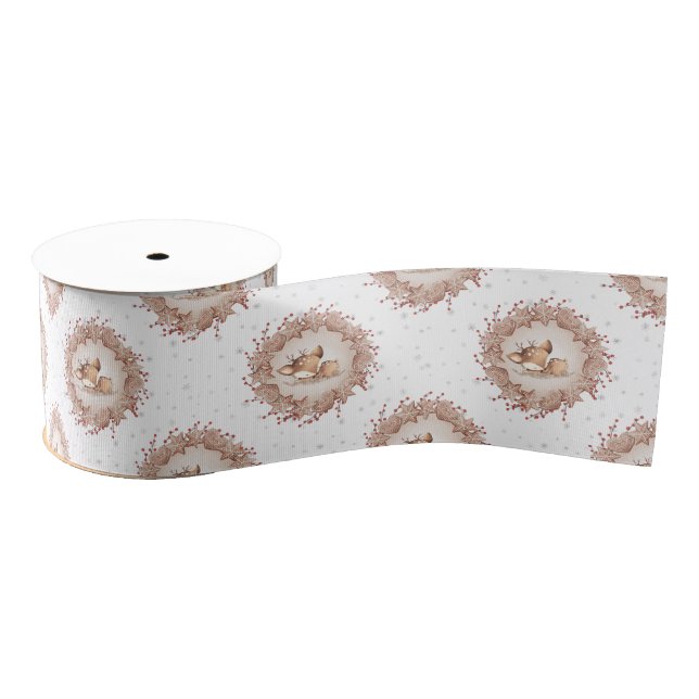 Cute Deer Gingerbread Elegant Beige Red Christmas Grosgrain Ribbon (Spool)
