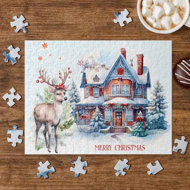 Cute Deer Gingerbread Home Christmas Puzzle (Christmas puzzle showing a cute gingerbread like home with white dove and deer in a watercolor style)