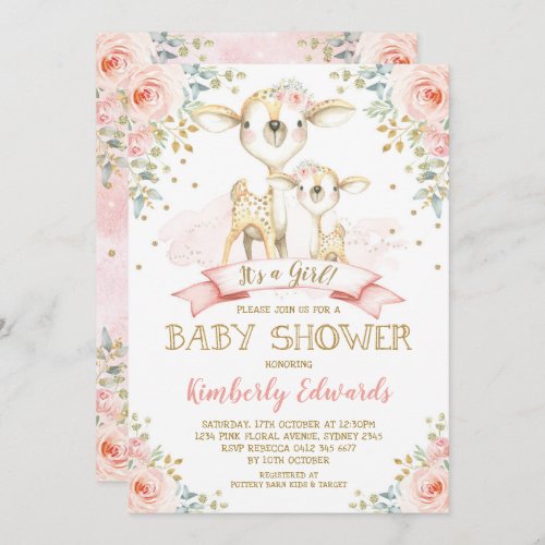 Cute Deer Girl Baby Shower Blush Pink Gold Roses Invitation