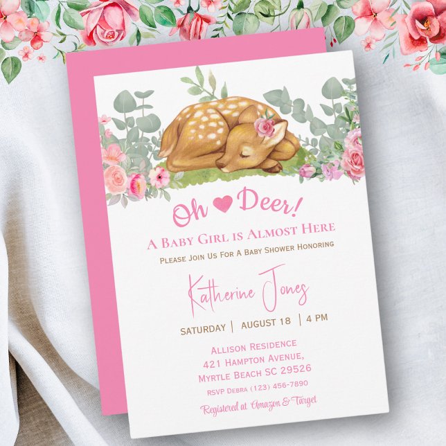Cute Deer Girl Watercolor Floral Baby Shower    Invitation (Creator Uploaded)