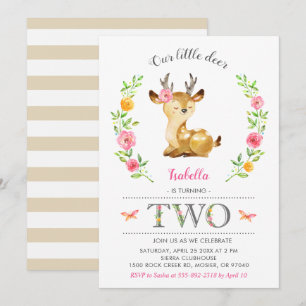 Cute Deer Girl Woodland Floral 2nd Second Birthday Invitation