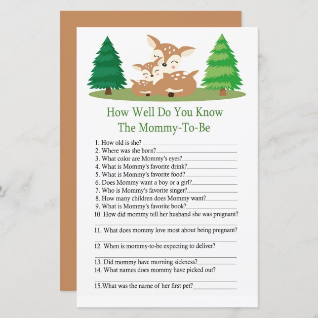 Cute Deer How well do you know baby shower game (Front/Back)