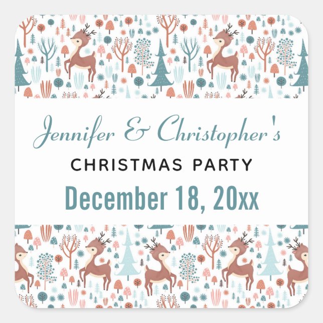Cute Deer in a Forest Pattern Save the Date Square Sticker (Front)