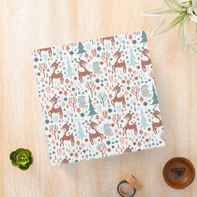 Cute Deer in Whimsical Forest Pattern Christmas 3 Ring Binder (In Situ)
