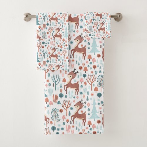 Cute Deer in Whimsical Forest Pattern Christmas Bath Towel Set