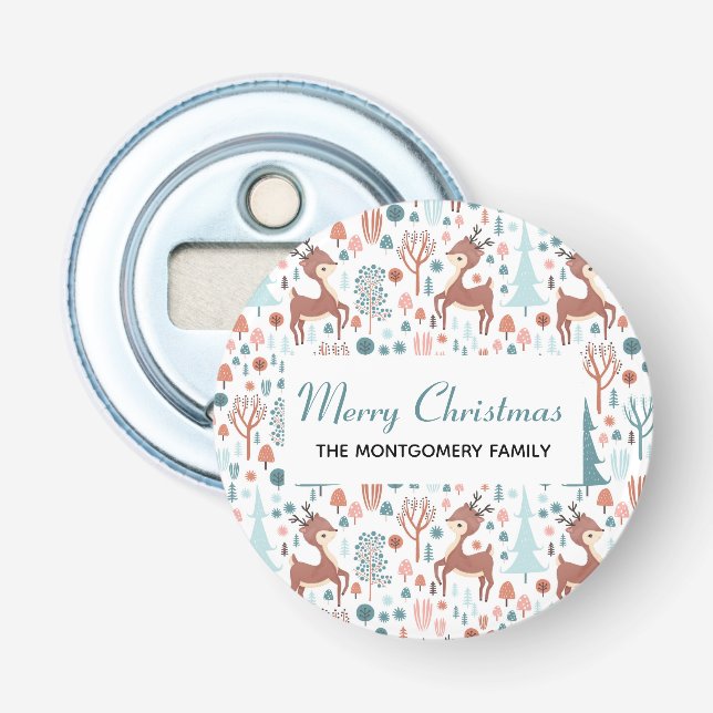 Cute Deer in Whimsical Forest Pattern Christmas Bottle Opener (Front)