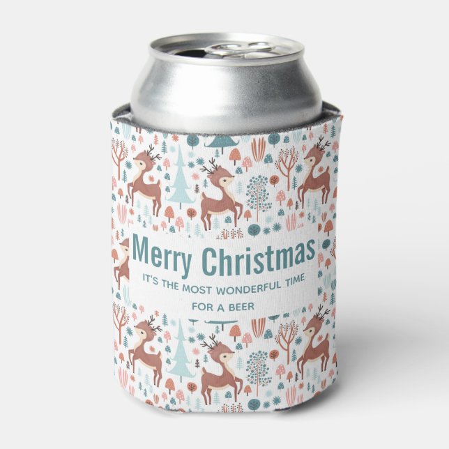 Cute Deer in Whimsical Forest Pattern Christmas Can Cooler (Can Front)