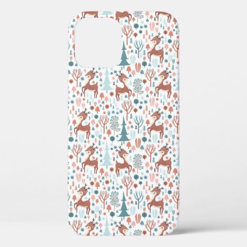 Cute Deer in Whimsical Forest Pattern Christmas iPhone 12 Case