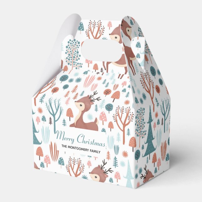 Cute Deer in Whimsical Forest Pattern Christmas Favor Boxes (Front Side)