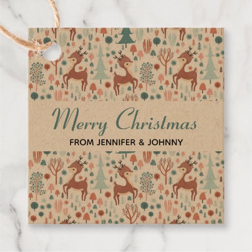 Cute Deer in Whimsical Forest Pattern Christmas Favor Tags