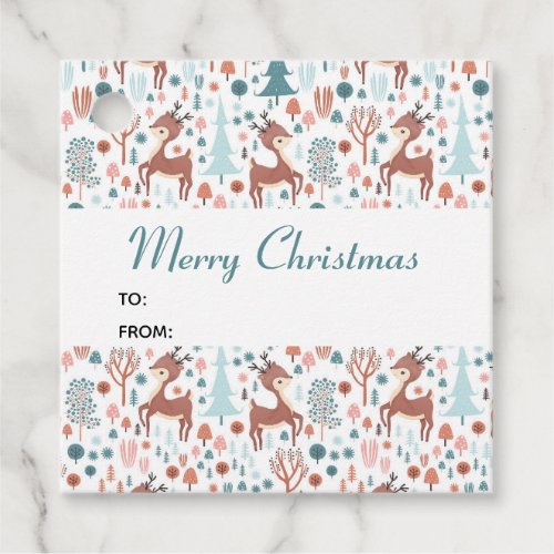 Cute Deer in Whimsical Forest Pattern Christmas Favor Tags