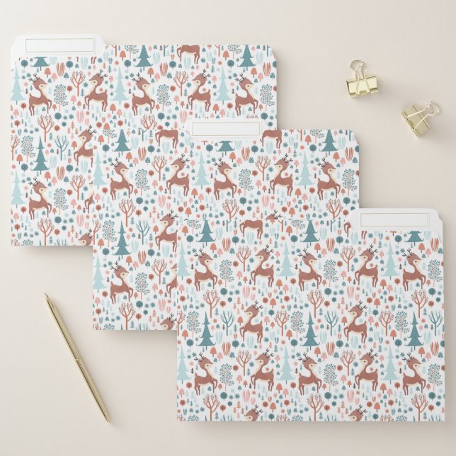 Cute Deer in Whimsical Forest Pattern Christmas File Folder (Set)
