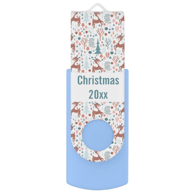 Cute Deer in Whimsical Forest Pattern Christmas Flash Drive (Front Vertical)