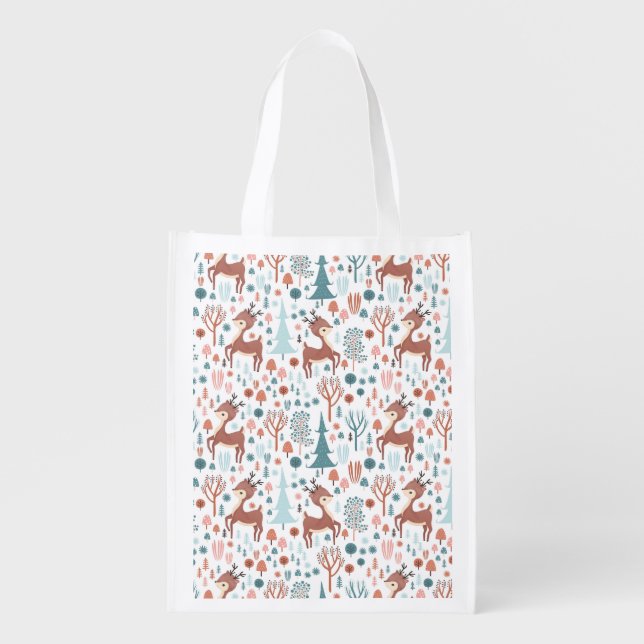 Cute Deer in Whimsical Forest Pattern Christmas Grocery Bag (Front)