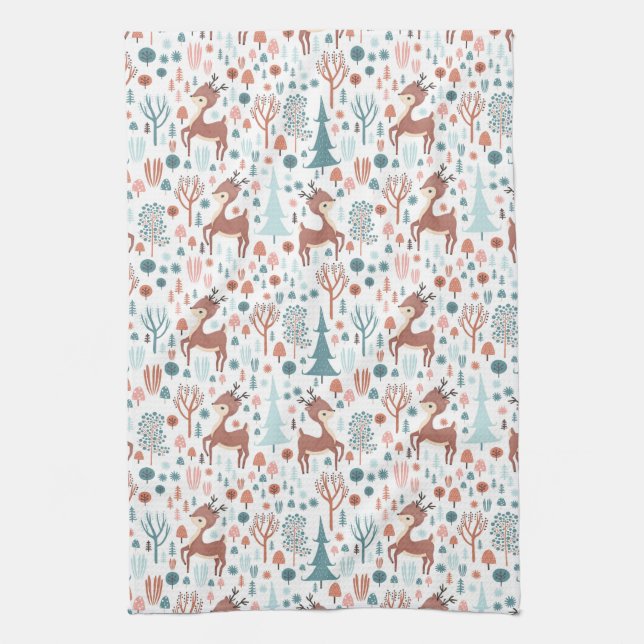 Cute Deer in Whimsical Forest Pattern Christmas Kitchen Towel (Vertical)