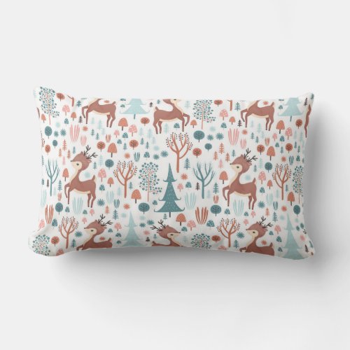 Cute Deer in Whimsical Forest Pattern Christmas Lumbar Pillow