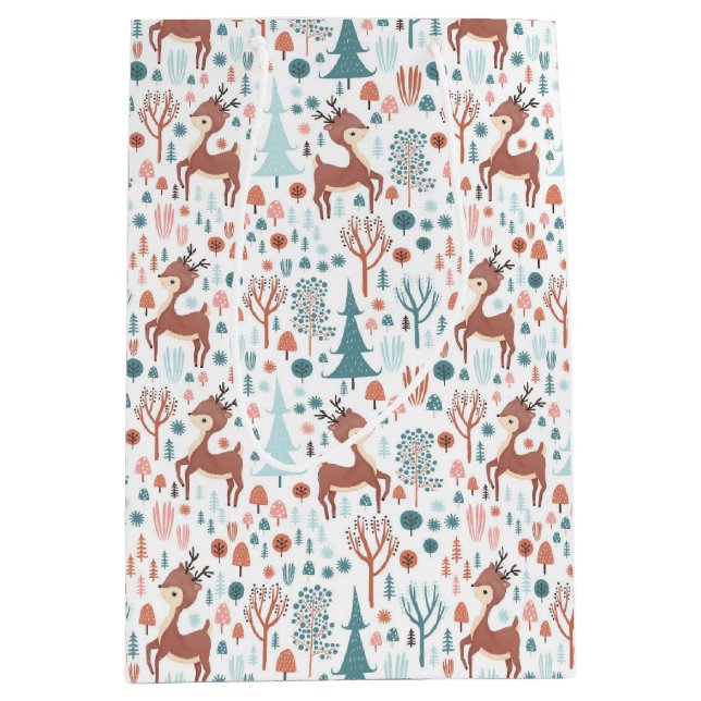 Cute Deer in Whimsical Forest Pattern Christmas Medium Gift Bag (Front)