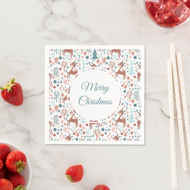 Cute Deer in Whimsical Forest Pattern Christmas Napkins (Insitu)