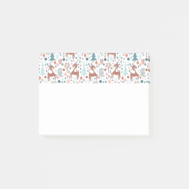 Cute Deer in Whimsical Forest Pattern Christmas Post-it Notes (Front)
