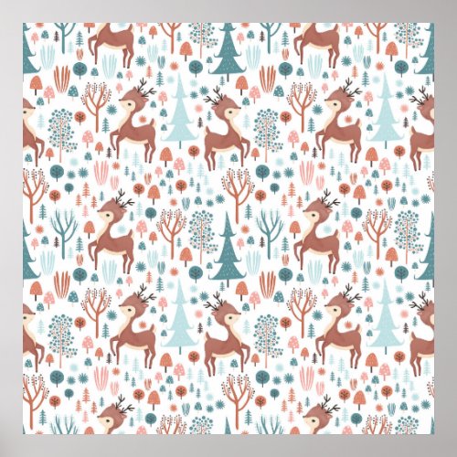 Cute Deer in Whimsical Forest Pattern Christmas Poster