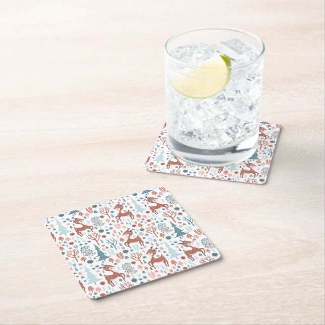Cute Deer in Whimsical Forest Pattern Christmas Square Paper Coaster (Insitu)