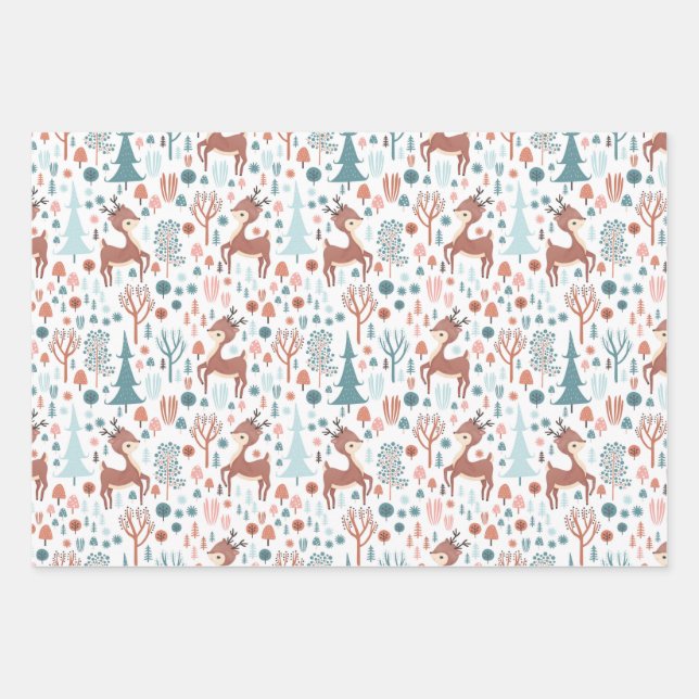 Cute Deer in Whimsical Forest Pattern Christmas Wrapping Paper Sheets (Front)