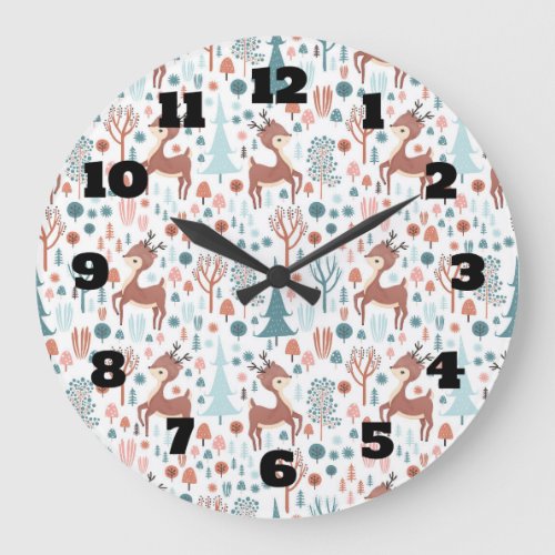 Cute Deer in Whimsical Forest Pattern Large Clock
