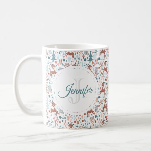 Cute Deer in Whimsical Forest Pattern Monogram Coffee Mug